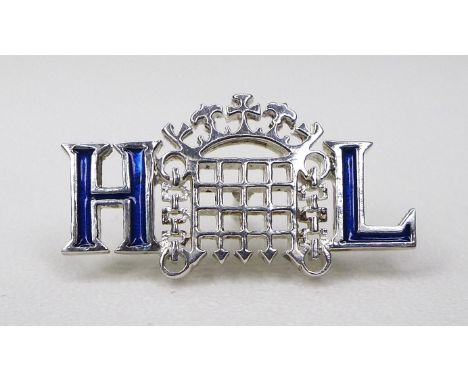 An enamel and sterling silver House of Lords lapel badge, 2.6g, 2.0cm, in a blue Toye, Kenning and Spencer Ltd presentation b