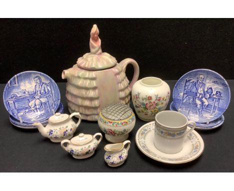 A Coalport Pageant pattern miniature teapot, milk jug and sucrier; a Coalport miniature Ming Rose pattern rose bowl, 6cm; a S