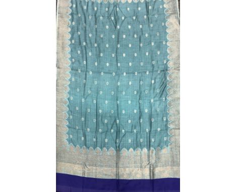 Textiles - a Zari shawl embroidered in gold thread on a turquoise blue ground, cobalt borders, approx. 200cm x 105cm 