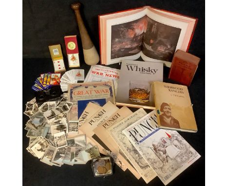 A large pestle;  playing cards;  Brian Murphy - The World Book of Whisky; Lindsay, Sherwood Rangers;  Wilson, The Great War; 