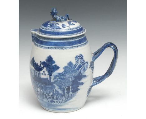 An 18th century Chinese Export porcelain barrel-shaped covered cider jug, of silver shape, well painted in underglaze blue wi