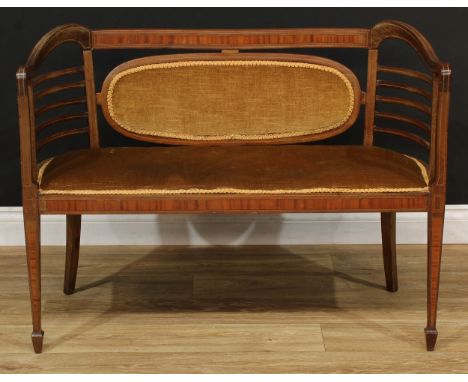 An Edwardian satinwood crossbanded mahogany and marquetry sofa, 64cm high, 98.5cm wide, the seat 91cm wide and 36cm deep, c.1