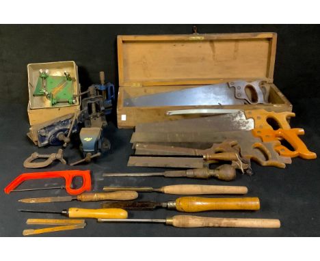 Carpentry Tools - a WWII munitions crate containing an assortment of woodworking tools, saws, screw driver, wood turning chis