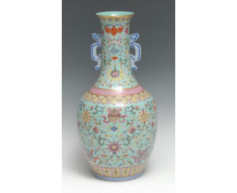 A Chinese ovoid vase, brightly decorated in polychrome enamels with bats, precious objects and flowers, on a turquoise ground