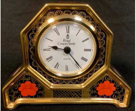 A Royal Crown Derby Imari 1128 pattern mantel clock, 11cm high, printed marks, first quality 