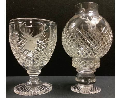 A crystal cut glass goblet engraved with a stag's head and the word Jager, 17cm; a similar tealight lamp with storm shade, 22