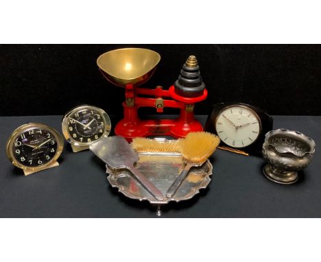 A silver dressing table hand mirror and brush;  a set of scales;  plated tray;  EPBM vase;  alarm clocks 