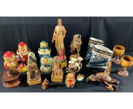 A pair of Chinese silk boots; treen - Russian stacking dolls, a Japanese erotica netsuke, ecclesiastical icons, crab, goblets