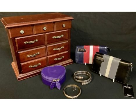 A silver bangle; another, unmarked; an Osprey jewellery box; two Osprey purses; a wooden jewellery box (6) 