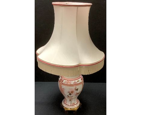 A Limoges porcelain inverted baluster table lamp, signed, gilt brass shaped base, shade, 72cm overall 