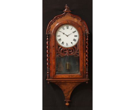 A late 19th century walnut architectural drop dial wall clock, 95cm high, 40cm wide 