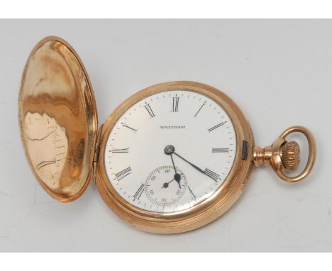 A late 19th century 9ct rose gold plated Waltham full hunter pocket watch, white enamel dial, Roman numerals, subsidiary seco