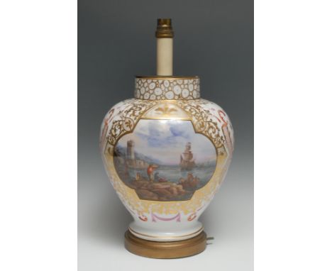 A 19th century Meissen porcelain vase, now converted to a side light, well decorated with a sailing ship leaving a Continenta