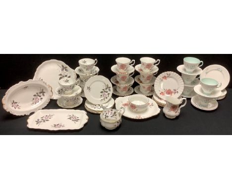 A Royal Albert Queens Messenger tea service, for five teacups, and plates;  a Royal Albert Blue Heaven tea service, for five;