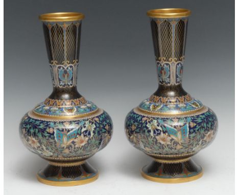 A pair of Chinese cloisonne enamel vases, brightly decorated in polychrome with butterflies, flowers, lotus  and foliage, 26.
