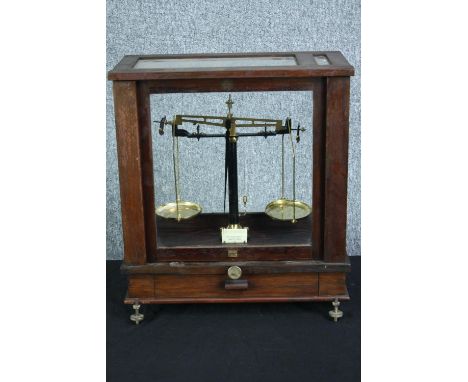 Vintage Baird &amp; Tatlock (London). Chemical Balance Scales. In a wooden glazed case. H.45 W.40 D.22 cm. 