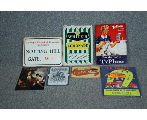 Six metal advertising signs and one on cardboard. Modern reproductions. Including R. Whites Lemonade. H.32 W.40cm. (largest) 