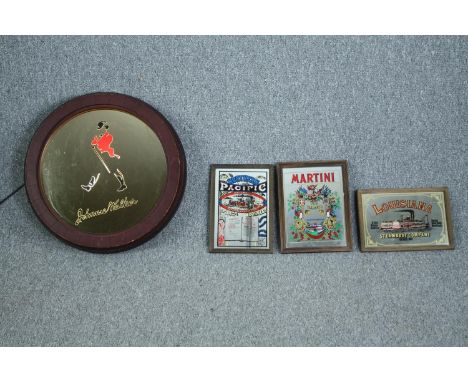 A vintage Johnny Walker light up advertising mirror along with three other mirrored advertising signs. Dia.62cm. (largest)
