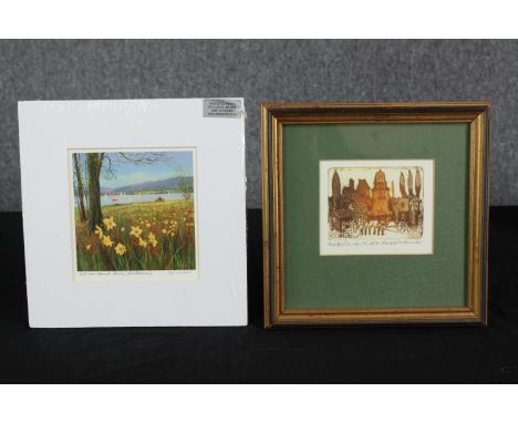 Two framed prints an etching and lithograph. Both signed and titled by the artist. The mounted lithograph by Jeff Sudders. H.