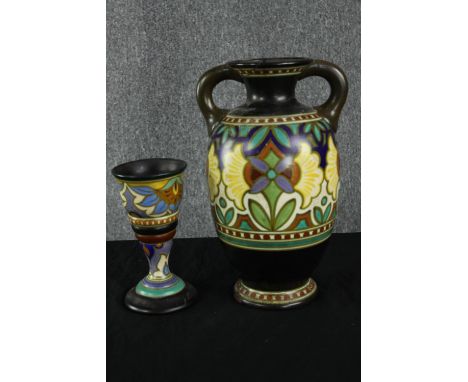 A 1930's Gouda pottery Plazuid Holland “Madeleine” pattern hand painted ceramic vase with twin handles along with a smaller s