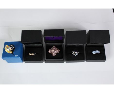 Five boxed silver and gemstone dress rings, set with kunzite, black cultured pearl, mother of pearl and topaz. Various design