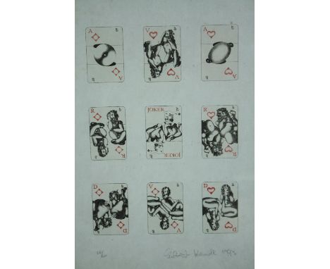 Etching. Erotic playing cards. Signed in pencil and from a numbered edition of 60. Dated 1973. Framed and glazed. H.72 W.58cm