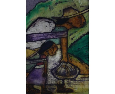 Watercolour painting on fabric. Unsigned. Framed. H.95 W.70 cm. 