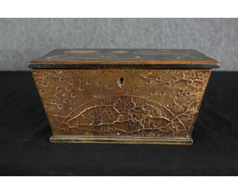 Jewellery box or caddy, 19th century Art Nouveau style inlay with beaten copper sides. H.13 W.26 D.17cm. 