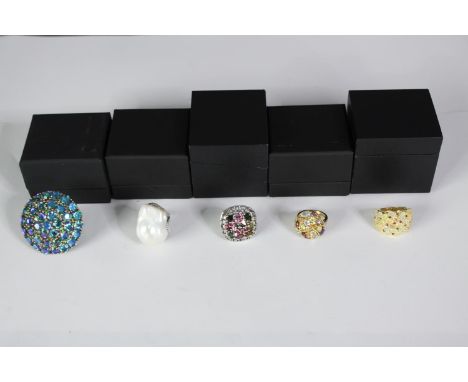 Five boxed silver and gemstone dress rings, set with baroque pearl, amethyst, peridot and mystic topaz. Various designs and s