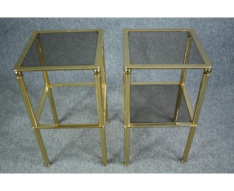 Lamp tables, a pair, vintage brass and smoked glass. H.73 W.40 D.40cm. 