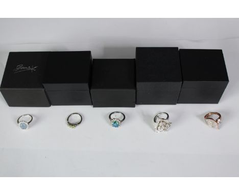 Five boxed silver and gemstone dress rings, set with black opal triplet, mystic topaz, peridot and white topaz. Various desig