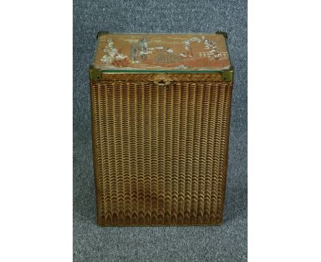 Linen basket, vintage Lloyd Loom with original embroidered seat. H.58 W.41 D.29cm. 