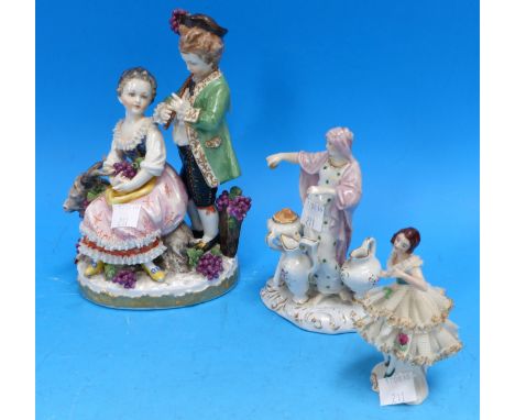 A continental porcelain figure group, 7"; 2 others; a selection of china and a Lipton's brass tea caddy