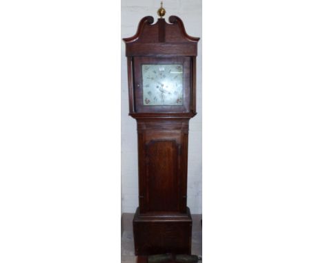 An early 19th century oak and mahogany longcase clock with swan neck pediment, square reeded pillars to the hood and trunk, p