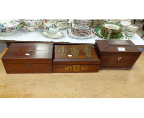 An early 19th century mahogany sarcophagus tea caddy and 2 19th century boxes