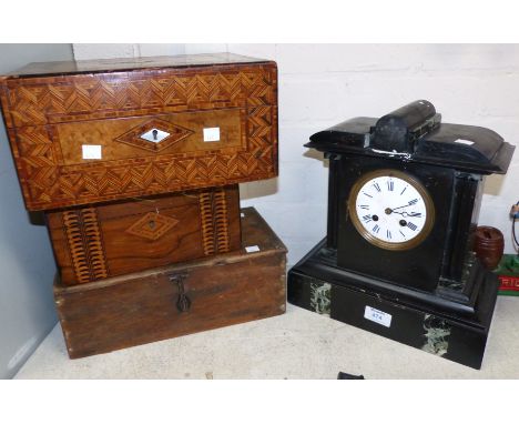 A 19th century architectural black mantel clock (a.f.); 2 inlaid boxes, and another