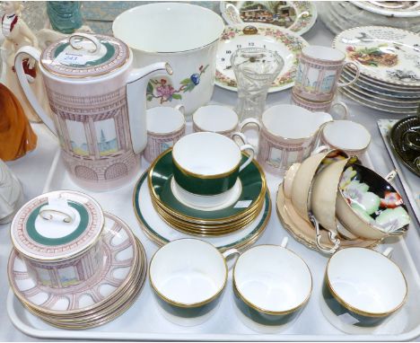A Susie Cooper C990 14 piece coffee set decorated with architectural scenes; 4 Coalport "Athlone Green" tea cups and saucers;