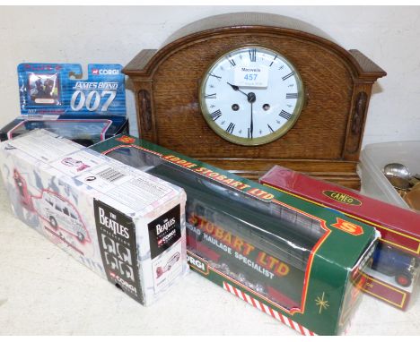 An Edwardian oak striking mantel clock; 4 modern Corgi vehicles, boxed, including The Beatles, James Bond; etc.