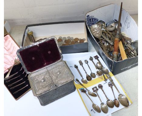 A selection of silver plated cutlery; a 2 division tea caddy; various coins