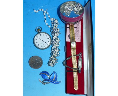 A pocket watch; a 1930's ladies cocktail watch; a Norwegian silver and enamel leaf brooch; costume jewellery