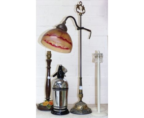 An Edwardian style brass reading lamp with earlier painted lustre glass shade; a turned wood barbola table lamp; a similar wa