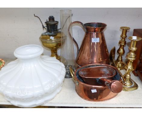 A 19th century copper beer measure jug; a warming pan; a brass oil lamp; etc
