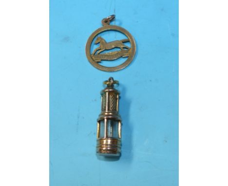 A "West Yorkshire" pendant, stamped '9CT'; a 9 carat hallmarked gold "Davy Lamp" charm, 5.3 gm gross