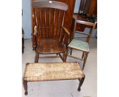 A 19th century elm and beech stick back farmhouse armchair; a bedroom chair; a stool