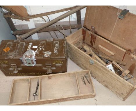 A military ammunition box; a pine tool chest; a quantity of vintage and rustic tools
