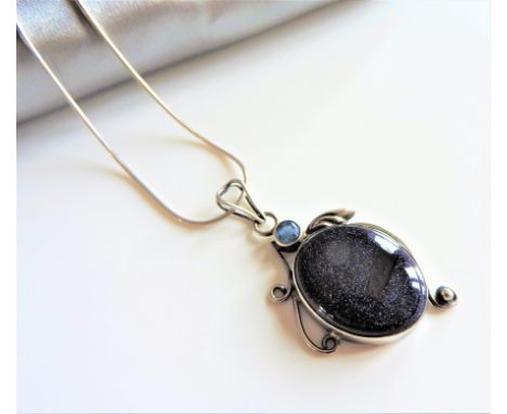 Vintage Sterling Silver Blue Goldstone &amp; Topaz Pendant Necklace.  A beautiful art nouveau style sterling silver pendant s