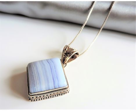 Artisan Sterling Silver Blue Agate Pendant Necklace. A gorgeous sterling silver ornate pendant set with a 23mm square Blue Ag