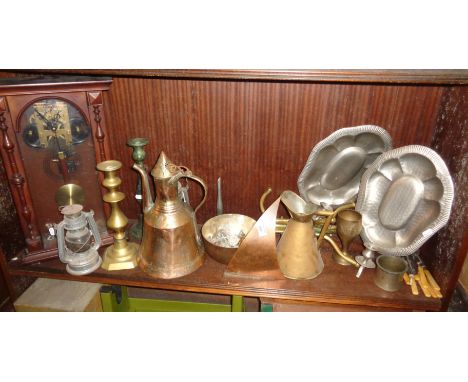Assorted copper and brassware, inc. Turkish coffee pot, candlesticks, metal wall sconces and a clock