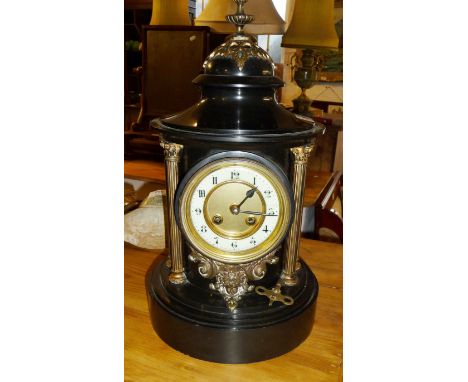 Impressive Victorian circular Grand Tour influenced marble mantle clock having brass Corinthian columns and mounts, the movem