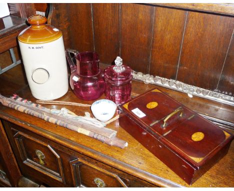 Edwardian inlaid mahogany cigar box with two compartments and brass handle, a blue and white Worcester tea bowl (crescent mar